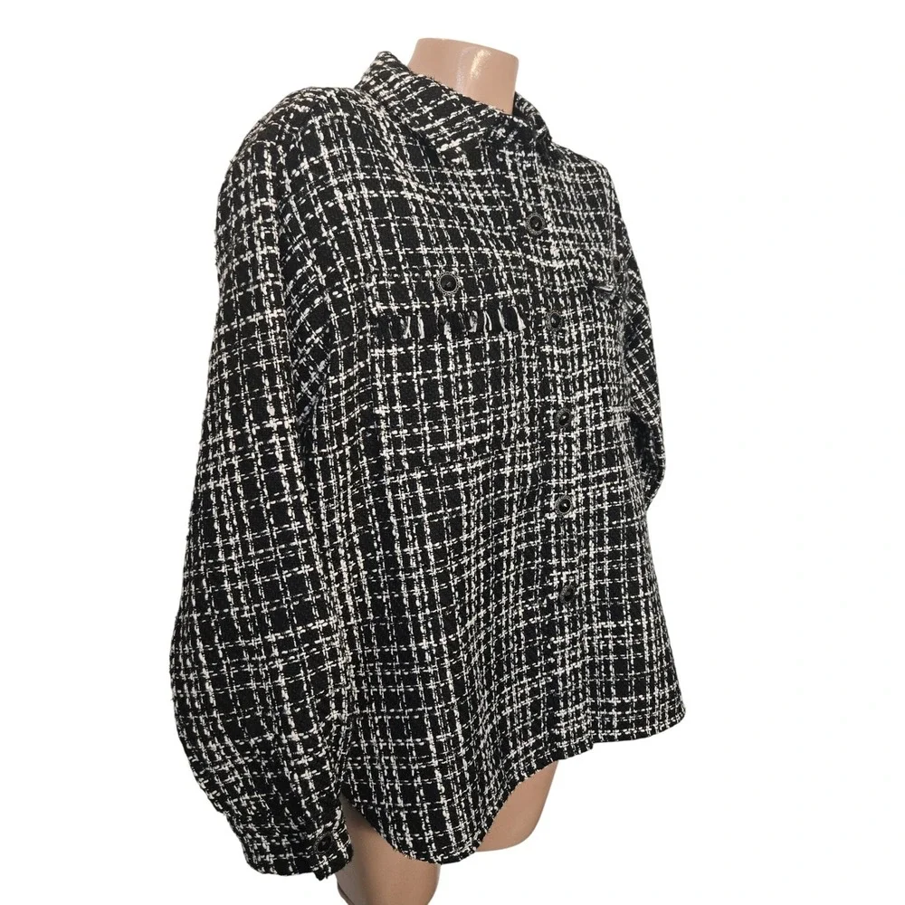 Cato Black White Tweed Shirt Jacket Shacket Button Front Fringe Pockets Small
